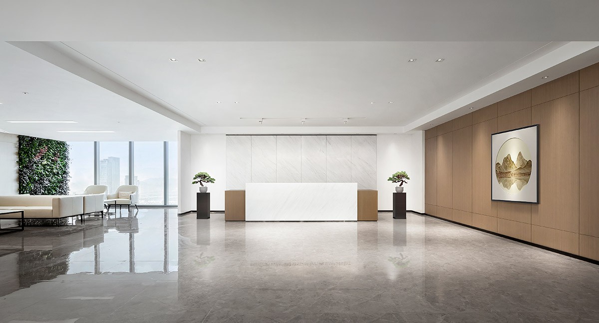 高端中式辦公室前臺(tái)裝修效果圖